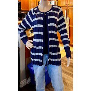 Striped Navy & Gray Open Front Cardigan Sweater Pleated Front & Back LARGE